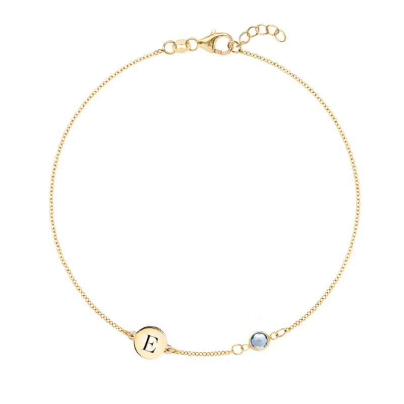 Personalized Classic 1 Letter & 1 Aquamarine Bracelet in 14k Gold (March) sold by Haverhill