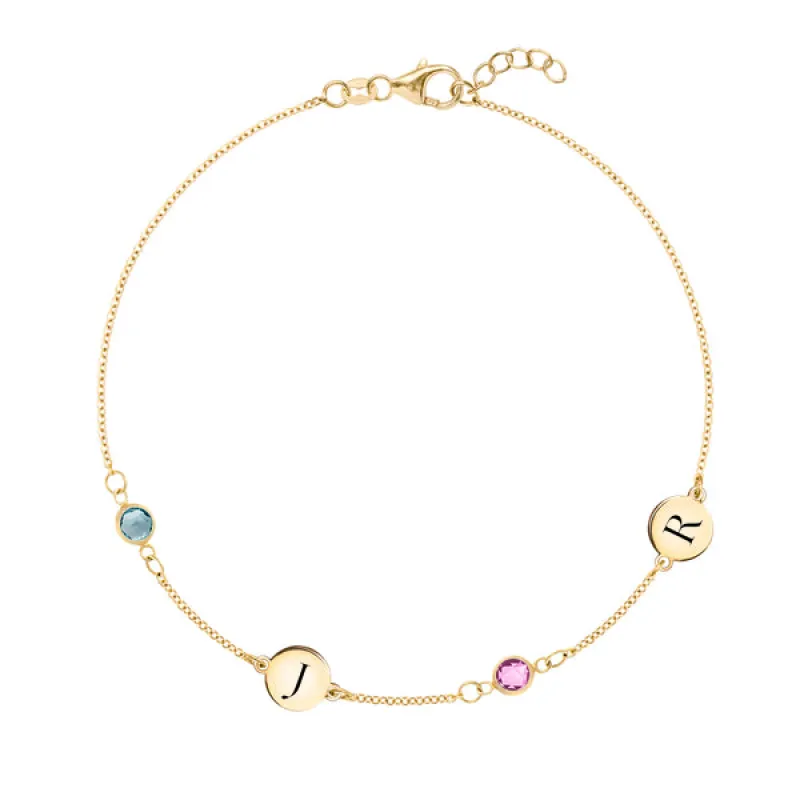 Personalized Classic 2 Letter & 2 Birthstone Bracelet in 14k Gold sold by Haverhill