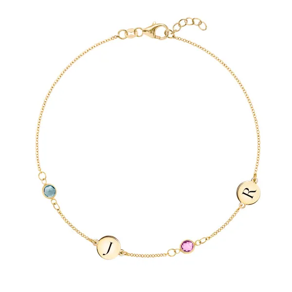Personalized Classic 2 Letter & 2 Birthstone Bracelet in 14k Gold sold by Haverhill