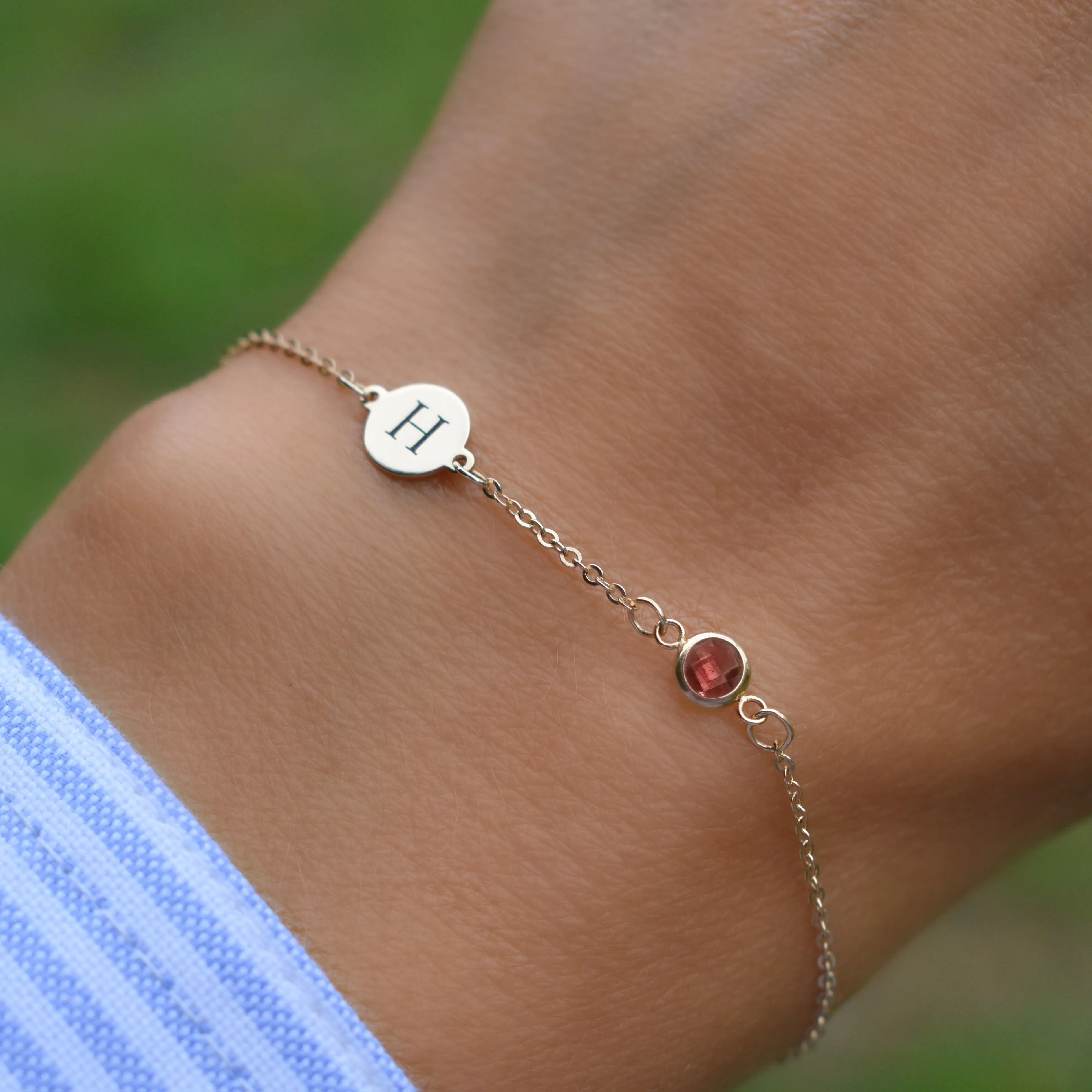 Personalized Classic 1 Letter & 1 Garnet Bracelet in 14k Gold (January) sold by Haverhill product image thumbnail 3