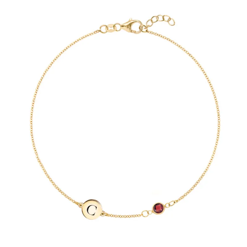 Personalized Classic 1 Letter & 1 Garnet Bracelet in 14k Gold (January) sold by Haverhill