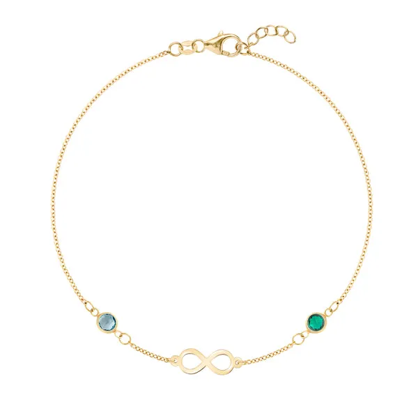 Personalized Classic Infinity & 2 Birthstone Bracelet in 14k Gold sold by Haverhill