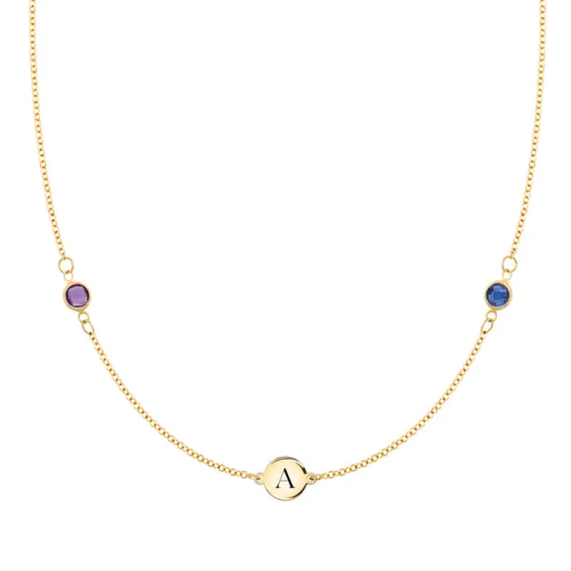 Personalized Classic 1 Letter & 2 Birthstone Necklace in 14k Gold sold by Haverhill