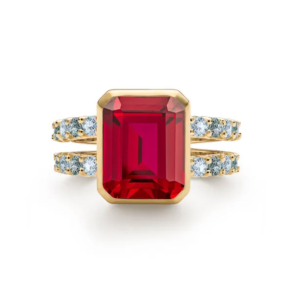 Personalized Warren Vertical Birthstone Ring with Accent Stones in 14k Gold sold by Haverhill