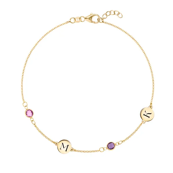 Personalized Classic 2 Letter & 2 Birthstone Bracelet in 14k Gold sold by Haverhill