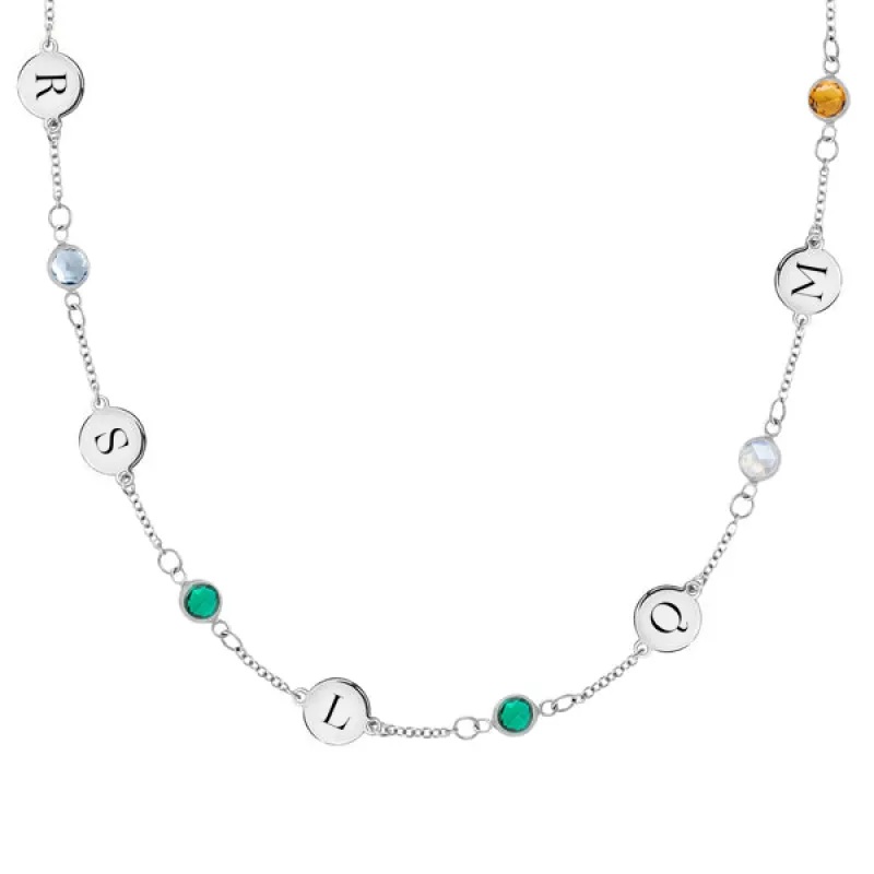 Personalized Classic 5 Letter & 5 Birthstone Necklace in 14k Gold (Single Spacing) sold by Haverhill