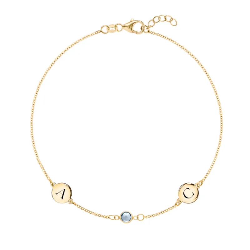 Personalized Classic 2 Letter & 1 Birthstone Bracelet in 14k Gold sold by Haverhill