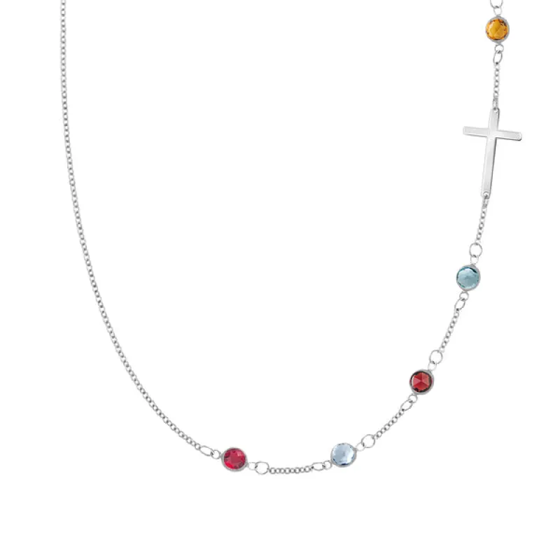 Personalized Classic Cross & 5 Birthstone Necklace in 14k Gold sold by Haverhill