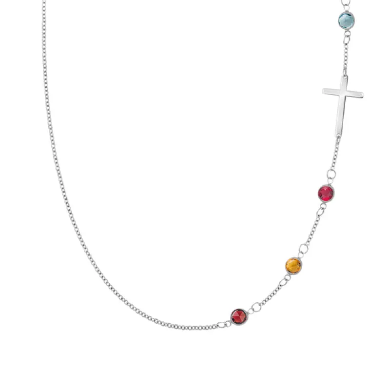 Personalized Classic Cross & 4 Birthstone Necklace in 14k Gold sold by Haverhill