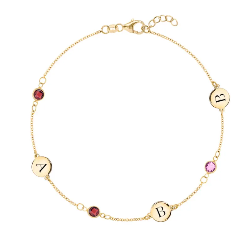 Personalized Classic 3 Letter & 3 Birthstone Bracelet in 14k Gold sold by Haverhill