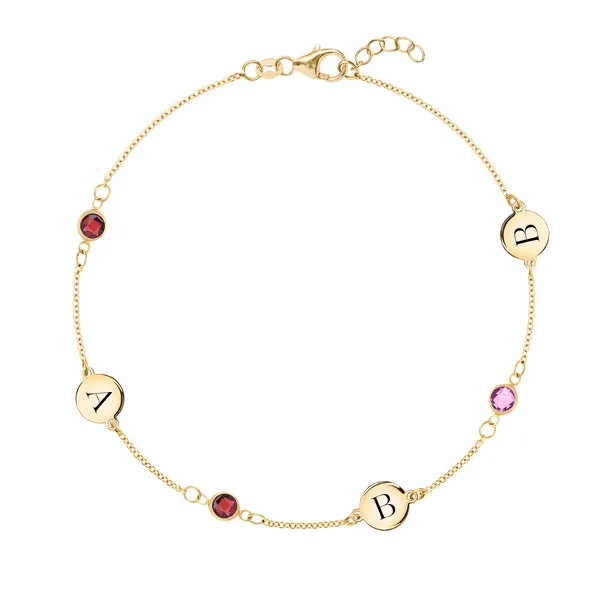 Personalized Classic 3 Letter & 3 Birthstone Bracelet in 14k Gold sold by Haverhill