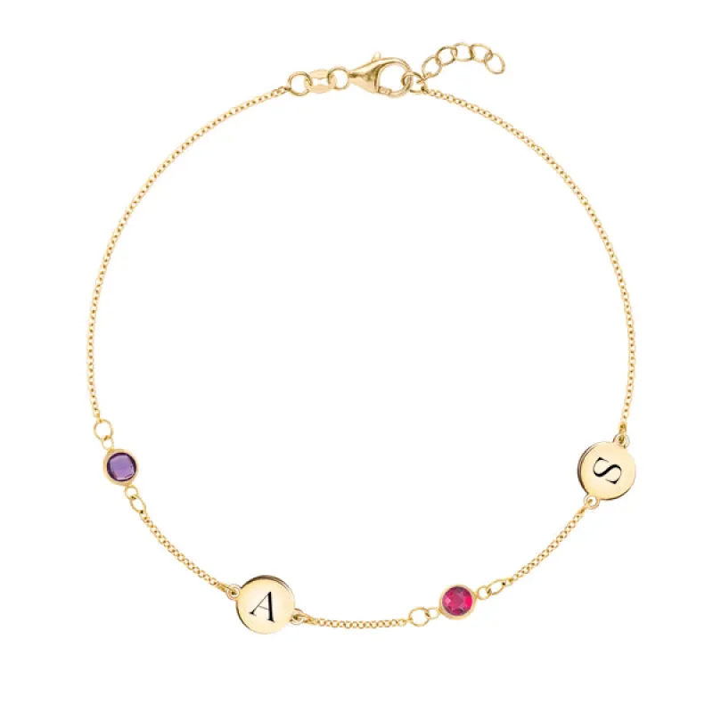 Personalized Classic 2 Letter & 2 Birthstone Bracelet in 14k Gold sold by Haverhill