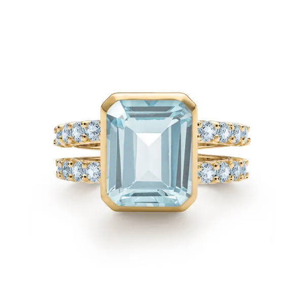 Personalized Warren Vertical Birthstone Ring with Accent Stones in 14k Gold sold by Haverhill