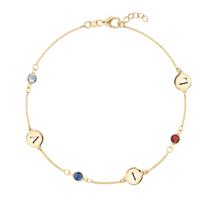 Personalized Classic 3 Letter & 3 Birthstone Bracelet in 14k Gold sold by Haverhill