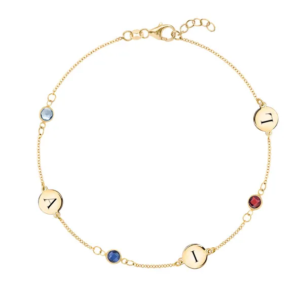 Personalized Classic 3 Letter & 3 Birthstone Bracelet in 14k Gold sold by Haverhill