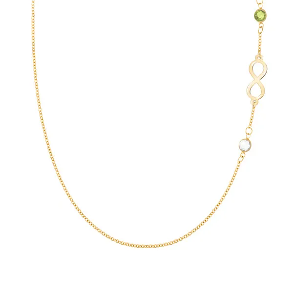 Personalized Classic Infinity & 2 Birthstone Necklace in 14k Gold sold by Haverhill