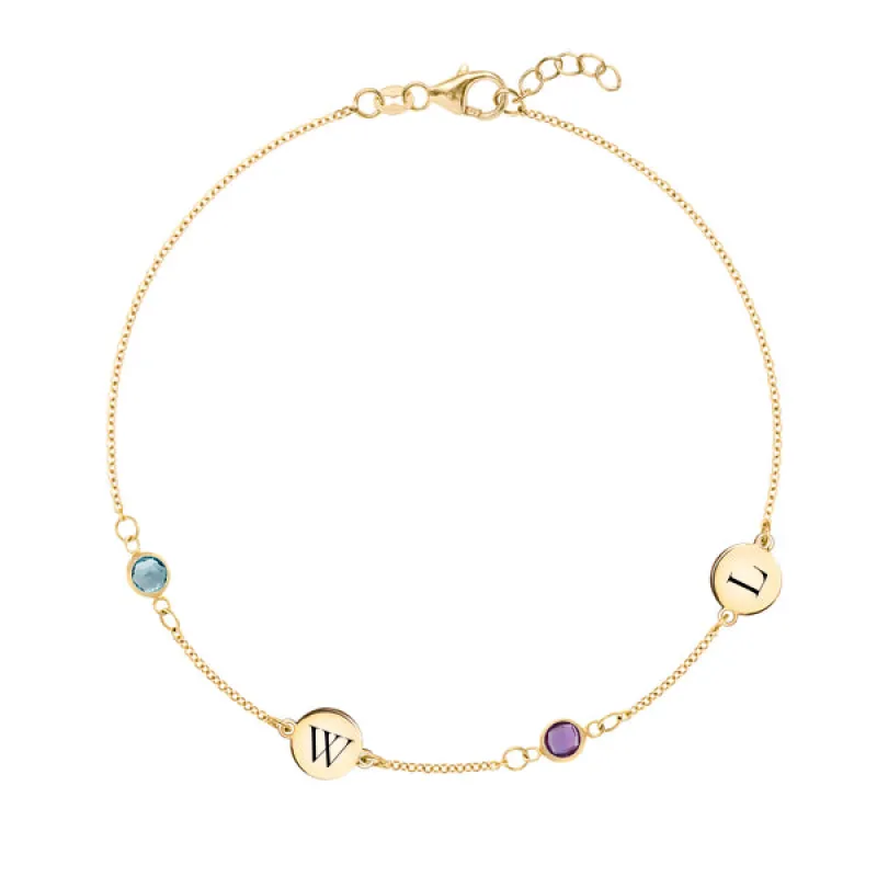 Personalized Classic 2 Letter & 2 Birthstone Bracelet in 14k Gold sold by Haverhill