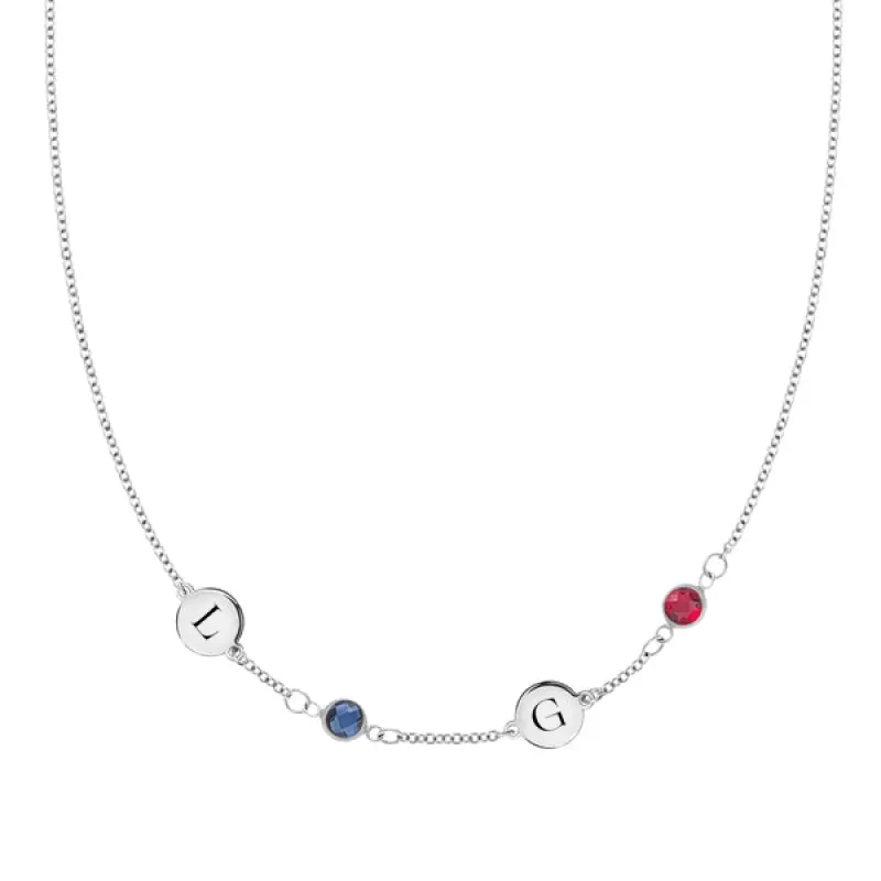 Personalized Classic 2 Letter & 2 Birthstone Necklace in 14k Gold (Single Spacing) sold by Haverhill