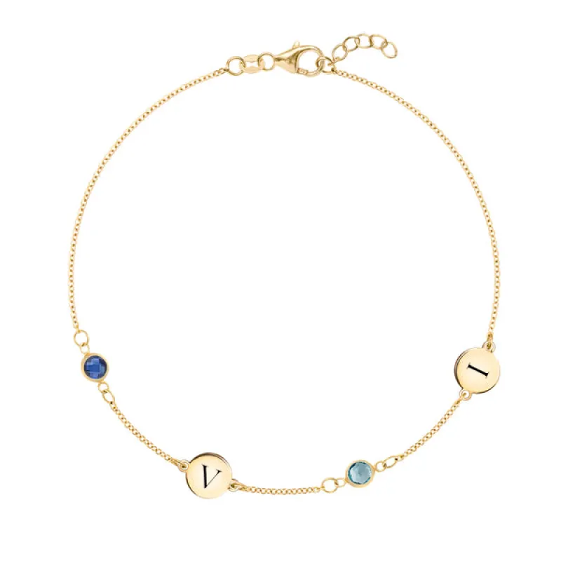 Personalized Classic 2 Letter & 2 Birthstone Bracelet in 14k Gold sold by Haverhill