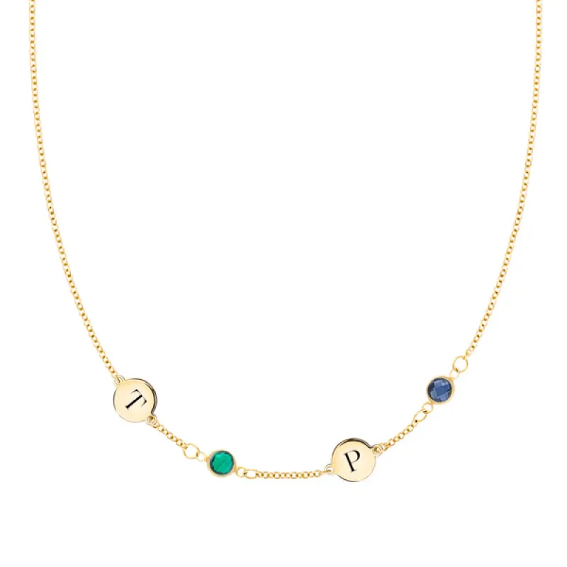 Personalized Classic 2 Letter & 2 Birthstone Necklace in 14k Gold (Single Spacing) sold by Haverhill