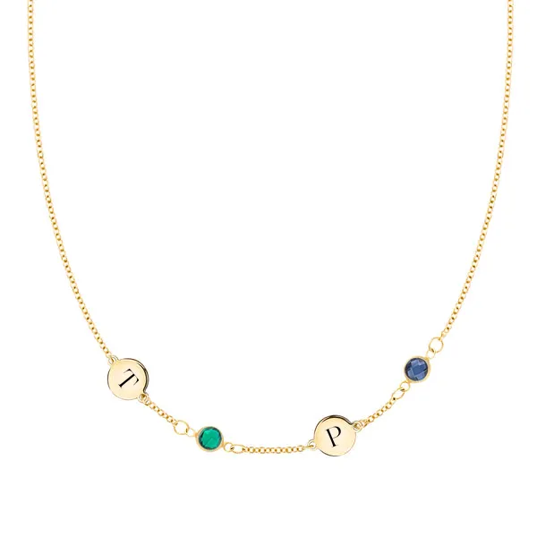 Personalized Classic 2 Letter & 2 Birthstone Necklace in 14k Gold (Single Spacing) sold by Haverhill