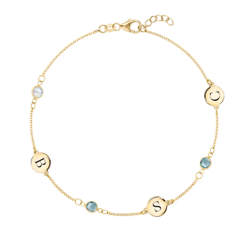 Personalized Classic 3 Letter & 3 Birthstone Bracelet in 14k Gold sold by Haverhill