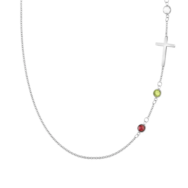 Personalized Classic Cross & 3 Birthstone Necklace in 14k Gold sold by Haverhill