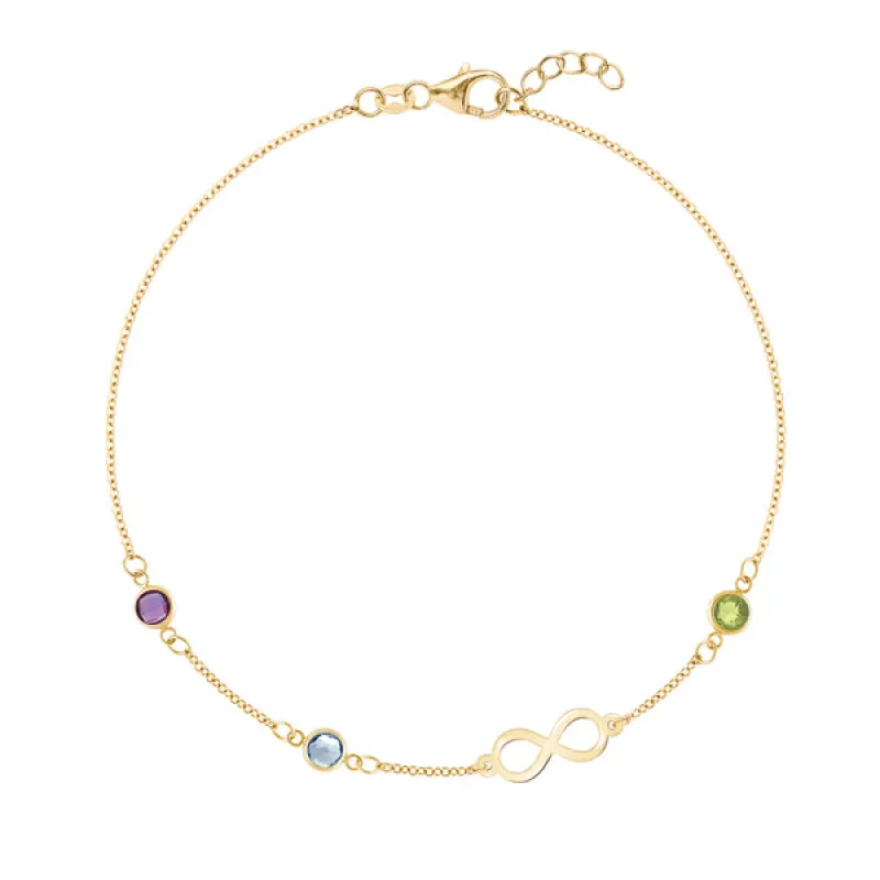 Personalized Classic Infinity & 3 Birthstone Bracelet in 14k Gold sold by Haverhill
