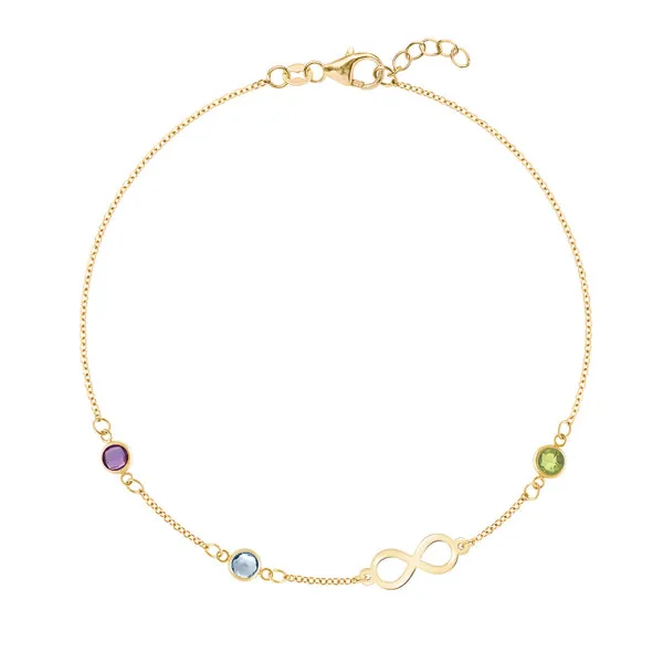 Personalized Classic Infinity & 3 Birthstone Bracelet in 14k Gold sold by Haverhill