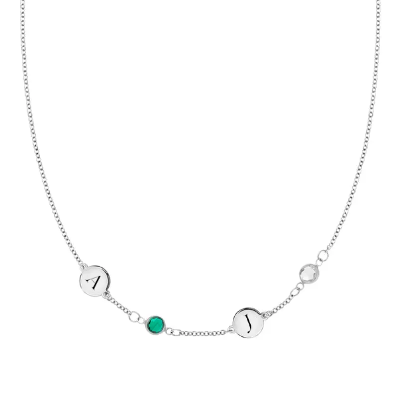 Personalized Classic 2 Letter & 2 Birthstone Necklace in 14k Gold (Single Spacing) sold by Haverhill