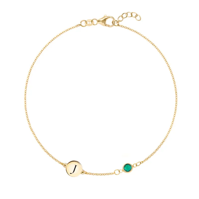 Personalized Classic 1 Letter & 1 Emerald Bracelet in 14k Gold (May) sold by Haverhill