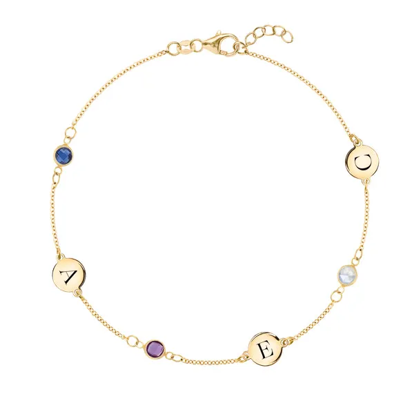 Personalized Classic 3 Letter & 3 Birthstone Bracelet in 14k Gold sold by Haverhill