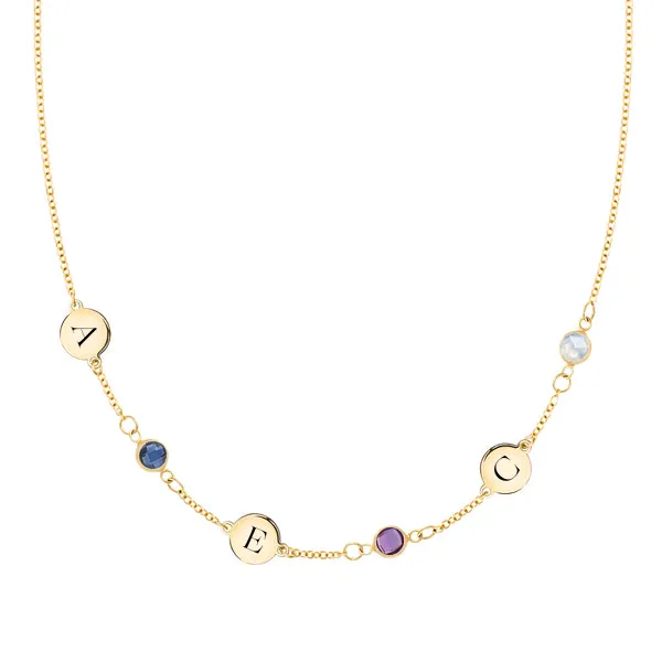 Personalized Classic 3 Letter & 3 Birthstone Necklace in 14k Gold (Single Spacing) sold by Haverhill