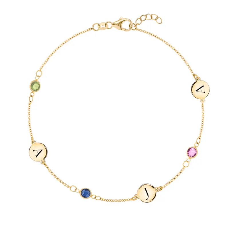 Personalized Classic 3 Letter & 3 Birthstone Bracelet in 14k Gold sold by Haverhill