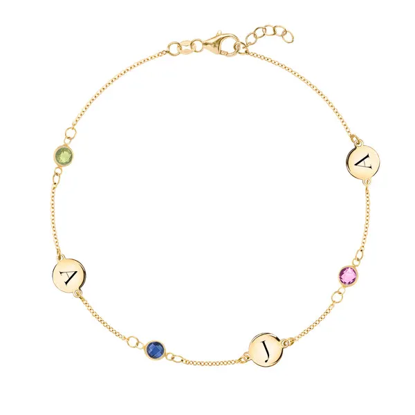 Personalized Classic 3 Letter & 3 Birthstone Bracelet in 14k Gold sold by Haverhill
