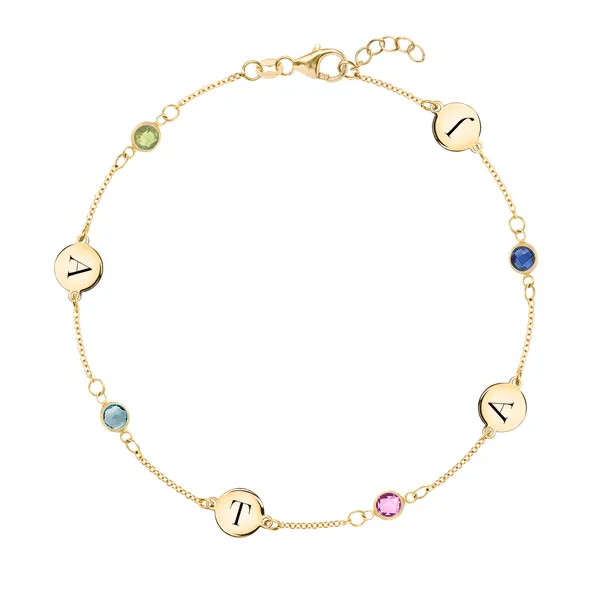 Personalized Classic 4 Letter & 4 Birthstone Bracelet in 14k Gold sold by Haverhill