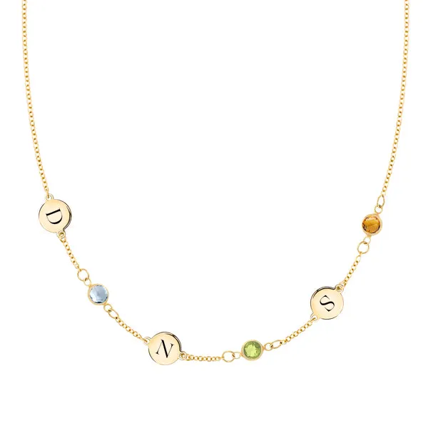 Personalized Classic 3 Letter & 3 Birthstone Necklace in 14k Gold (Single Spacing) sold by Haverhill