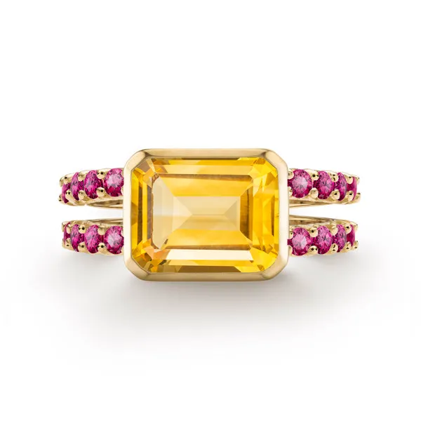 Personalized Warren Horizontal Birthstone Ring with Accent Stones in 14k Gold sold by Haverhill