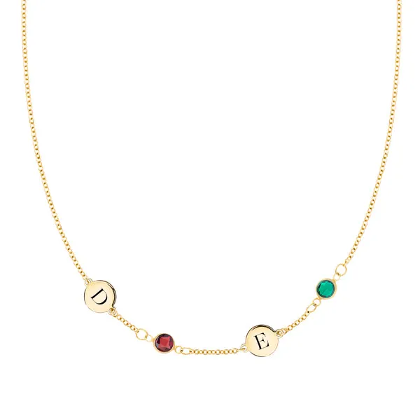 Personalized Classic 2 Letter & 2 Birthstone Necklace in 14k Gold (Single Spacing) sold by Haverhill