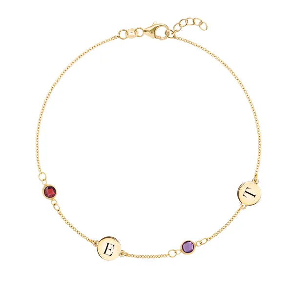 Personalized Classic 2 Letter & 2 Birthstone Bracelet in 14k Gold sold by Haverhill