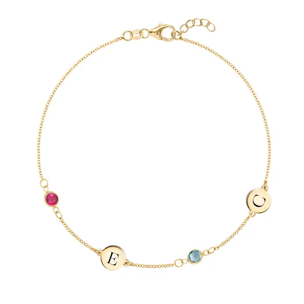 Personalized Classic 2 Letter & 2 Birthstone Bracelet in 14k Gold sold by Haverhill