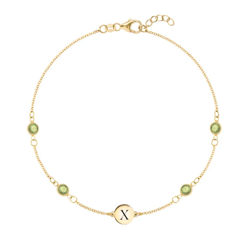 Personalized Classic 1 Letter & 4 Peridot Bracelet in 14k Gold (August) sold by Haverhill