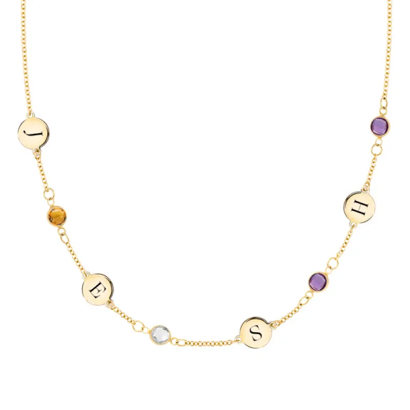 Personalized Classic 4 Letter & 4 Birthstone Necklace in 14k Gold (Single Spacing) sold by Haverhill