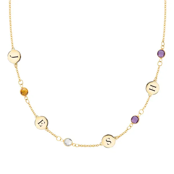 Personalized Classic 4 Letter & 4 Birthstone Necklace in 14k Gold (Single Spacing) sold by Haverhill