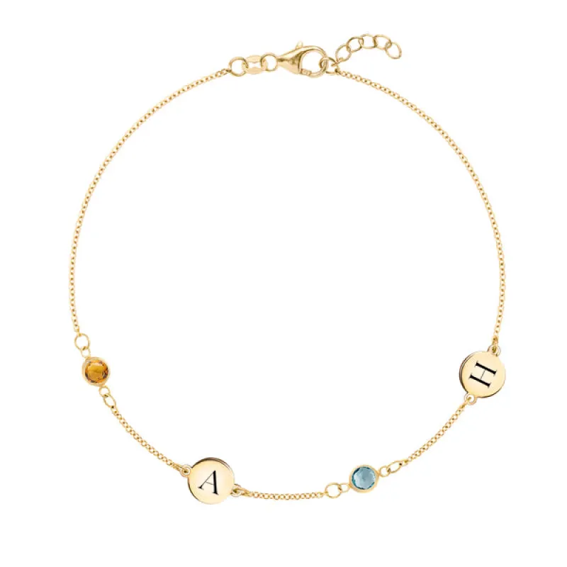 Personalized Classic 2 Letter & 2 Birthstone Bracelet in 14k Gold sold by Haverhill