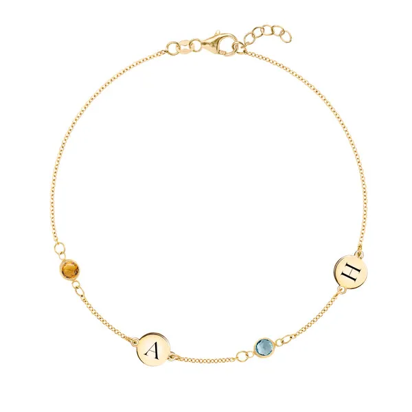 Personalized Classic 2 Letter & 2 Birthstone Bracelet in 14k Gold sold by Haverhill