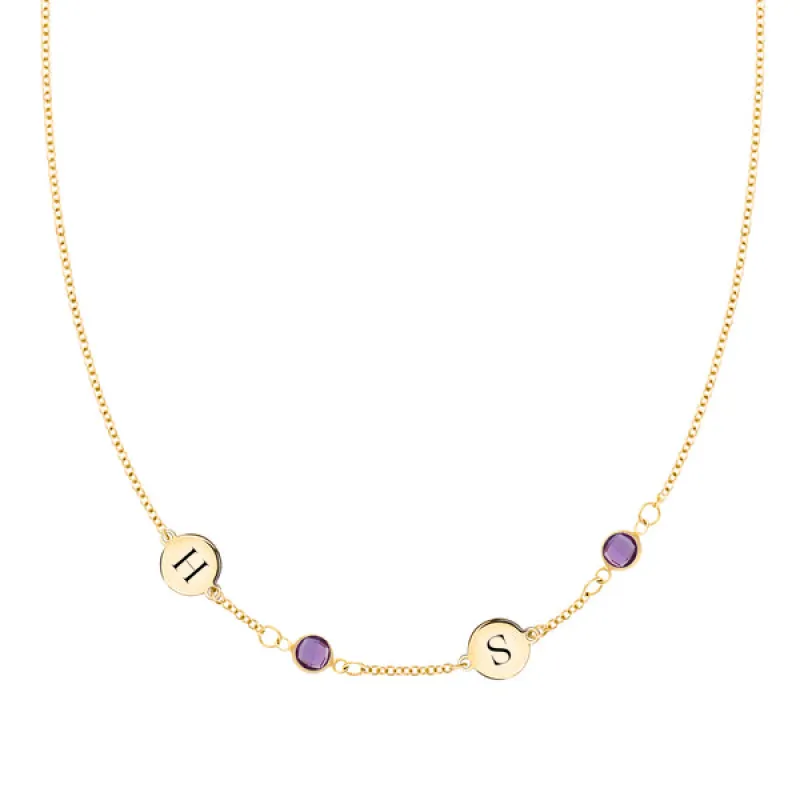 Personalized Classic 2 Letter & 2 Birthstone Necklace in 14k Gold (Single Spacing) sold by Haverhill