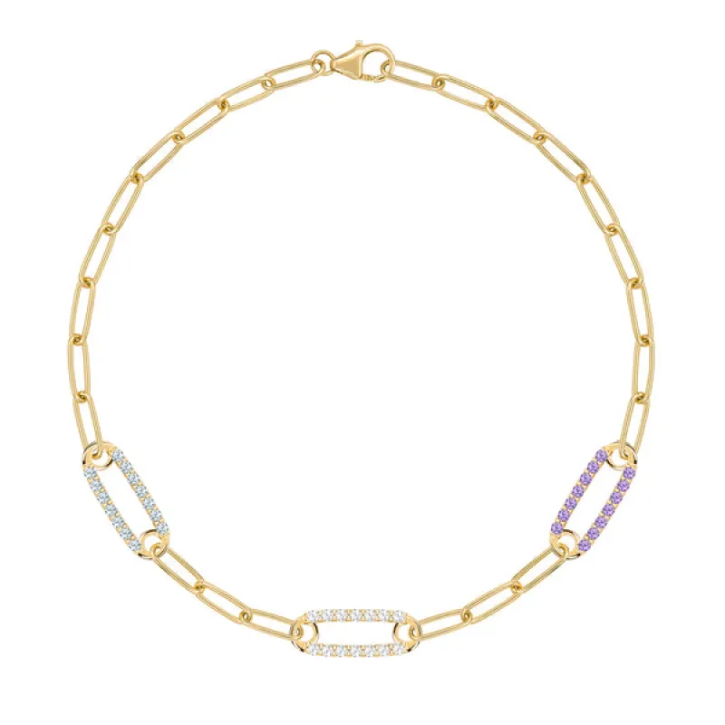Personalized Adelaide 3 Pavé Birthstone Link Bracelet in 14k Gold sold by Haverhill