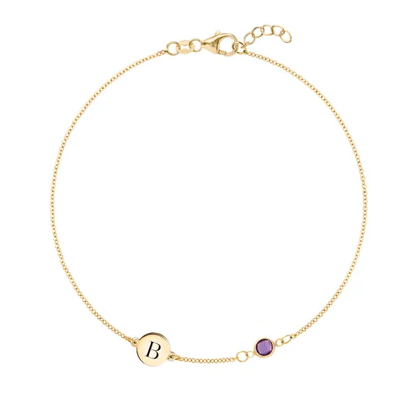 Personalized Classic 1 Letter & 1 Amethyst Bracelet in 14k Gold (February) sold by Haverhill