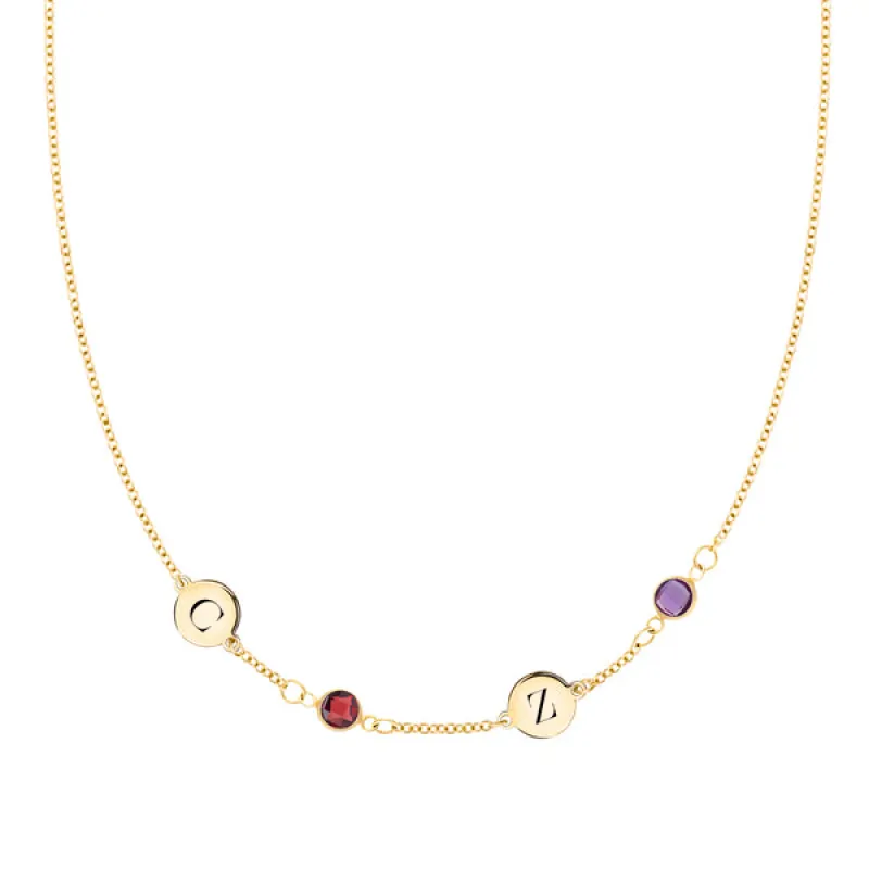 Personalized Classic 2 Letter & 2 Birthstone Necklace in 14k Gold (Single Spacing) sold by Haverhill